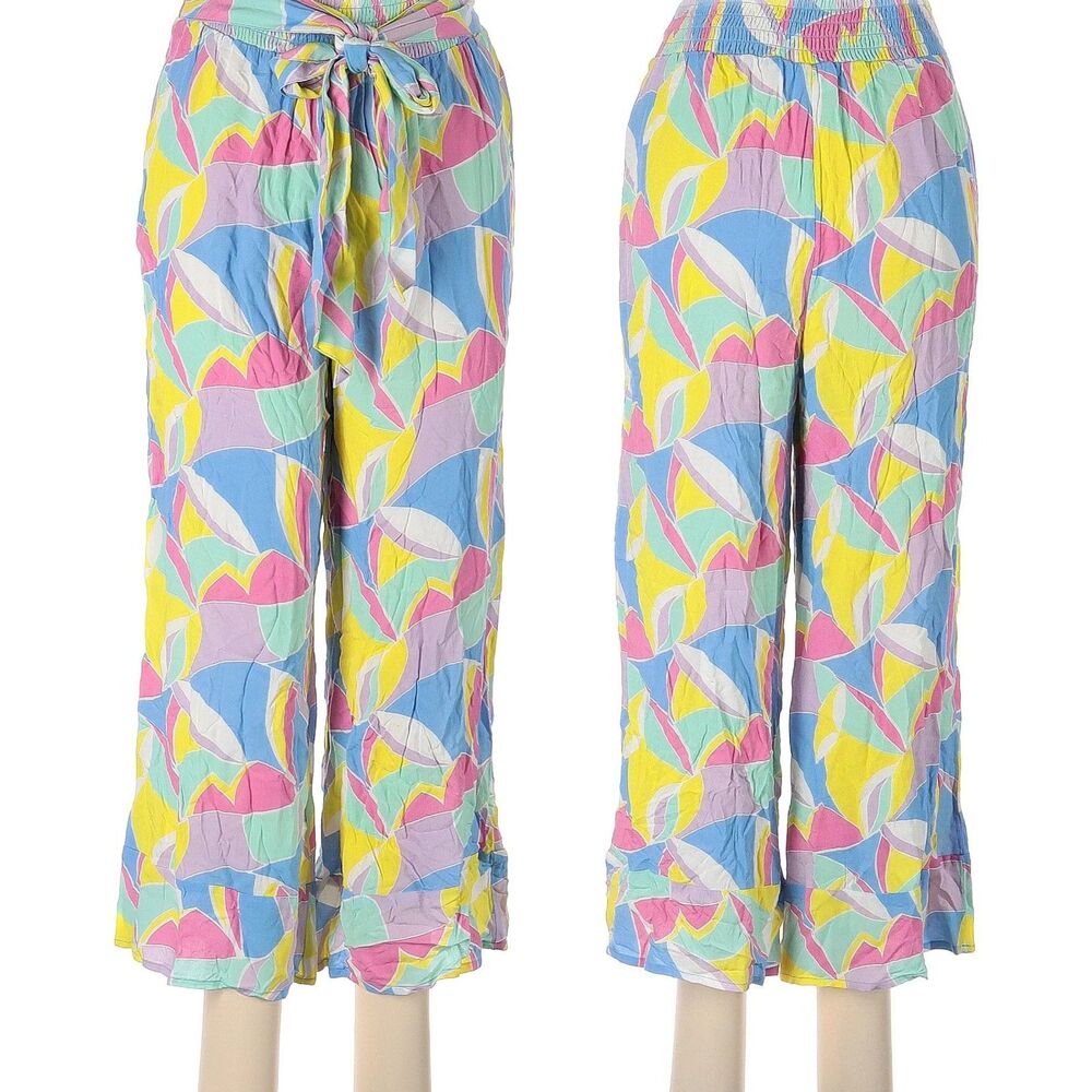 Crown & Ivy Yellow Blue Pink Teal Geometric Prints Wide Leg Paper Bag Pants M